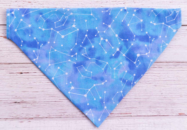 blue dog bandana with stars and constellation pattern