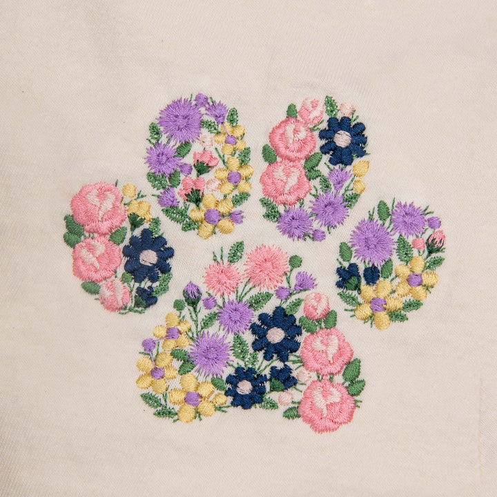 Floral Paw Print  Embroidered on Ivory T-Shirt