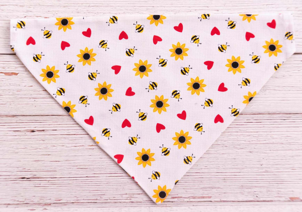 Dog bandana with bees, sunflowers and hearts