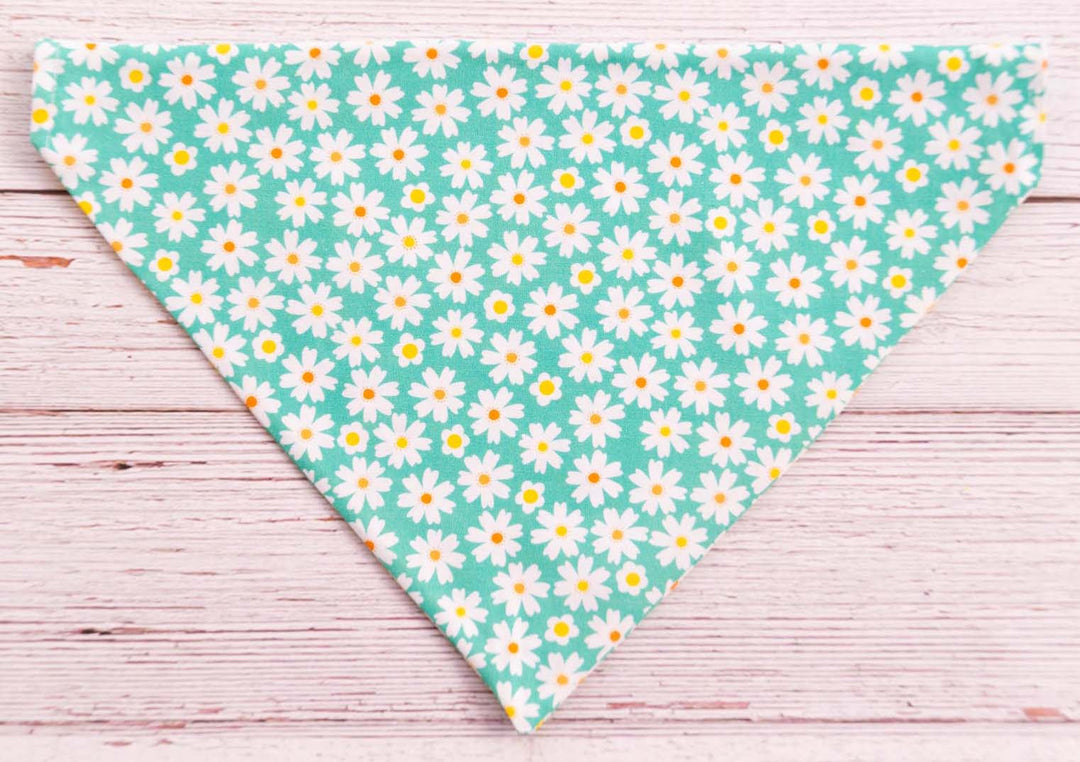 teal colored dog bandana with white daisies