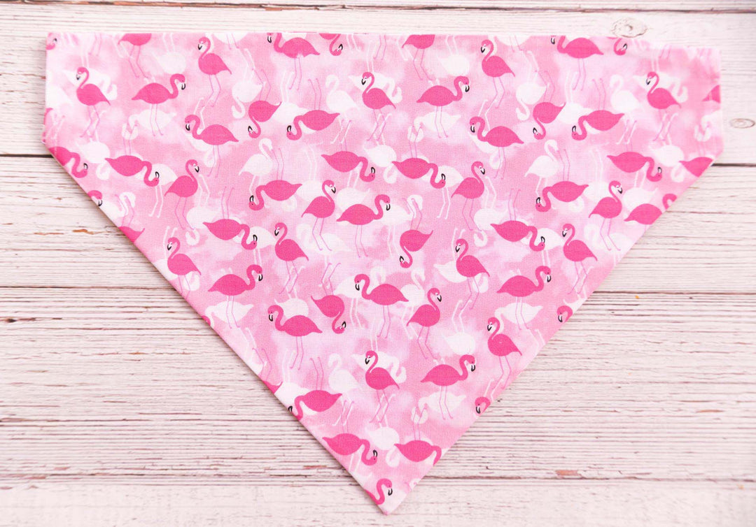 pink dog bandana with white and dark pink flamingos